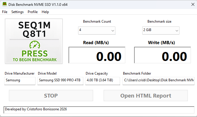 Disk Benchmark NVME SSD V1.1.0 x64 ready screen